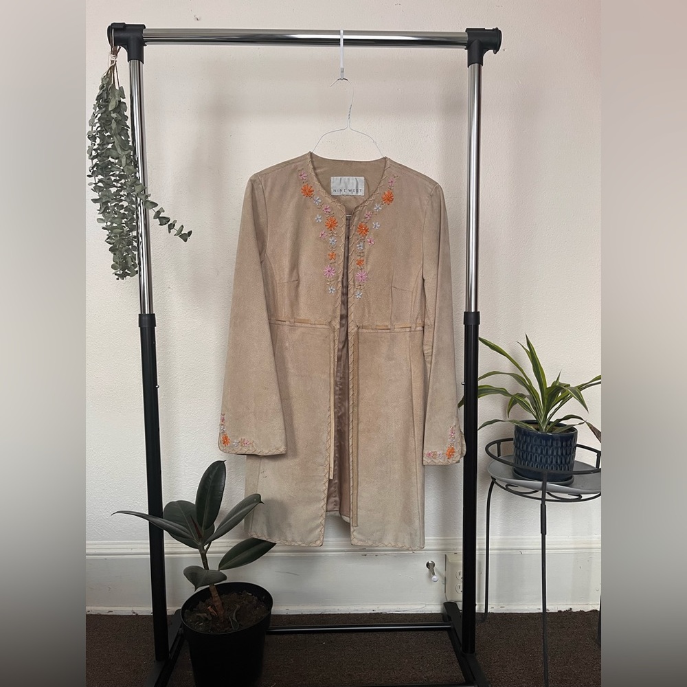 Embroidered Suede Long Coat Nine West Size Small